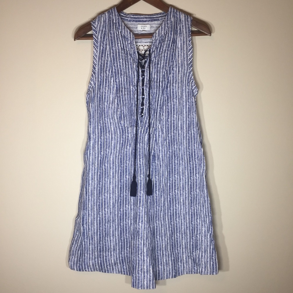 Blue and White Sleeveless Linen Dress